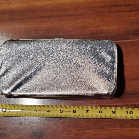 Womens Evening Bag Clutch Purse Silver Metallic + NWT Extra Long Silver Gloves - Picture 6 of 12